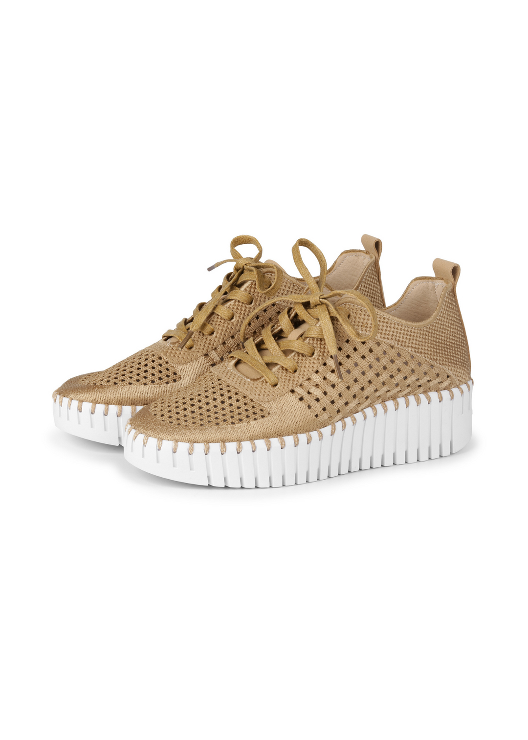 tan perforated sneaker with white platform soles
