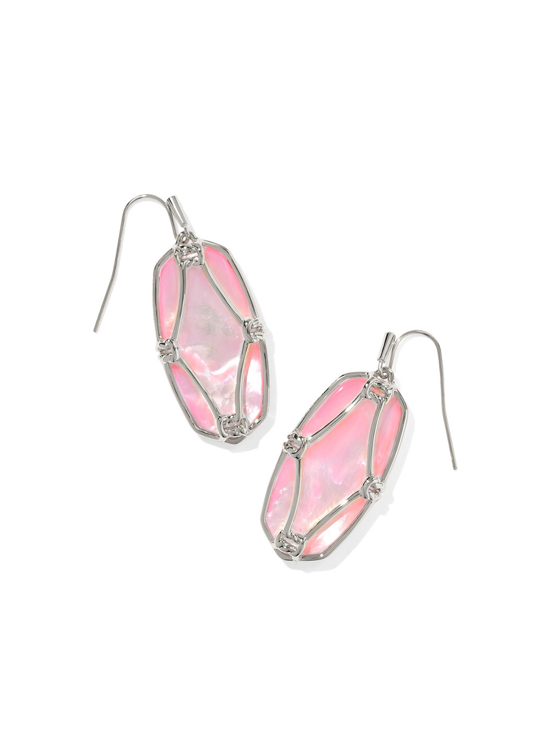 Kendra Scott Elle Lattice Frame Drop Earring in Rhodium/Blush Ivory MOP on a white background