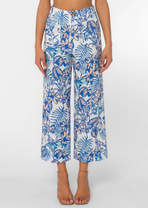 blue and pink floral elastic waistband wide leg crop pants