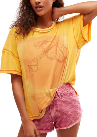 orange tee shirt with sun fading and monochrome butterfly graphics