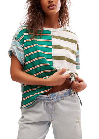 color block mixed fabric striped tee with different striped fabrics for front left, front right, back, and sleeves featuring different tones of green, blue, white, and orange