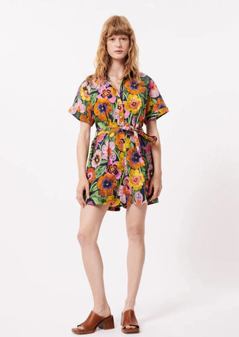 floral short sleeve collared button-down romper with waist tie 