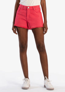 red tinted hot pink denim shorts with silver button and raw hem