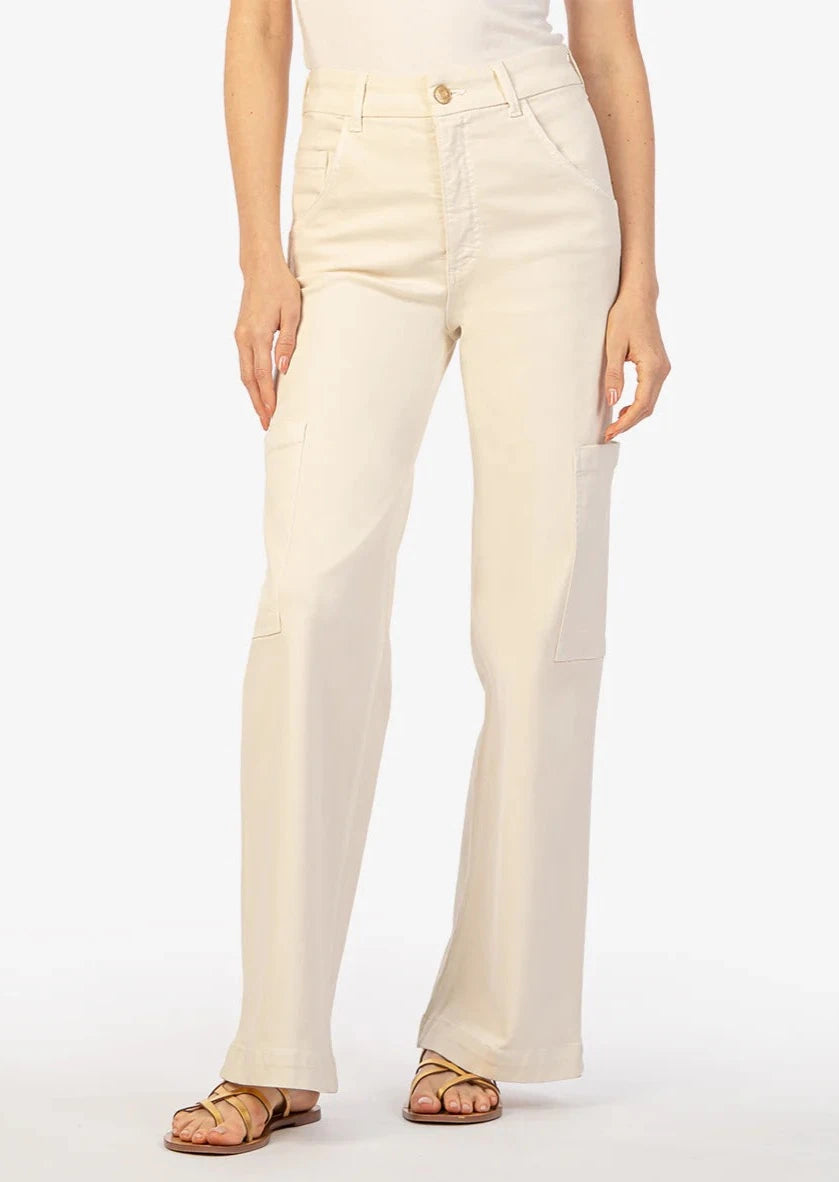 ecru wide leg cargo jeans with gold button