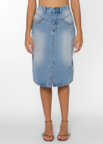 light blue washed denim midi skirt with small front slit 
