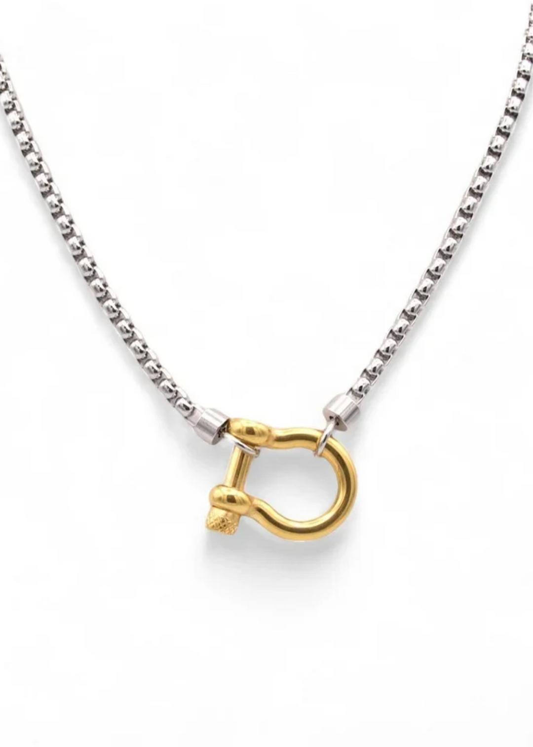 A mixed metal chain necklace with a horse shoe on a white background. 