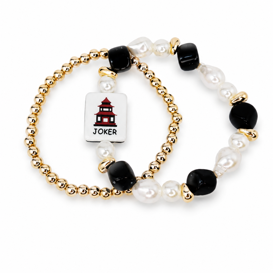Mahjong Tile Beaded Bracelet, 2-Piece Set - Midnight Joker