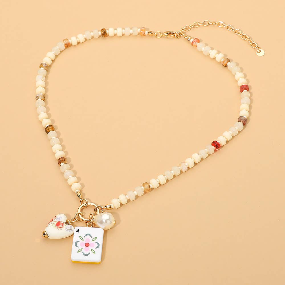Mahjong Tile Charm Beaded Necklace - Ivory