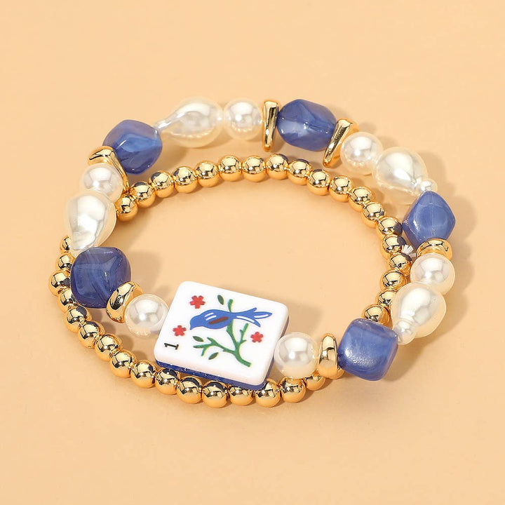 Mahjong Tile Pearl Beaded Multi Layered Bracelets - Blue/Gold