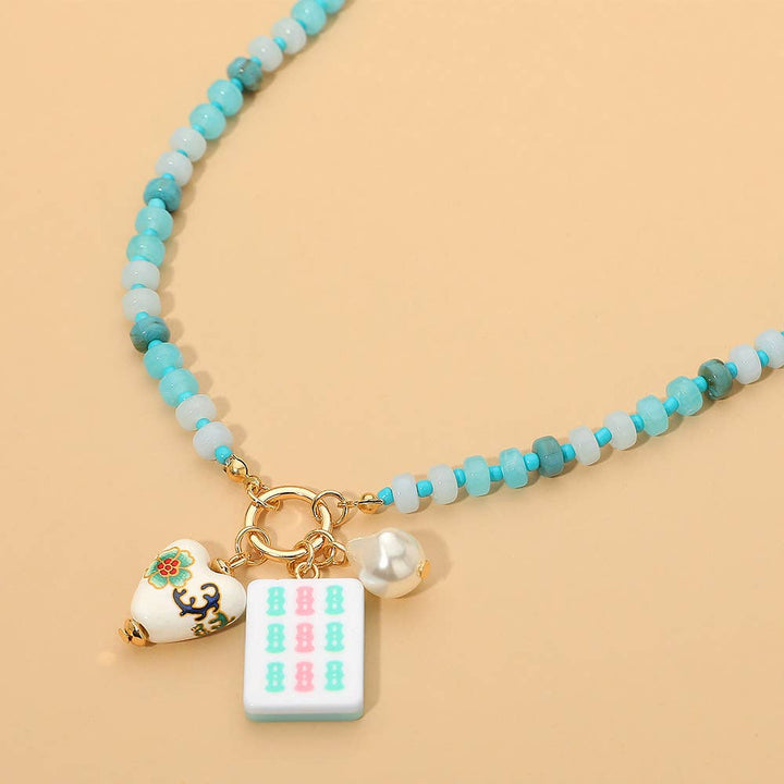 Mahjong Tile Charm Beaded Necklace - Mint