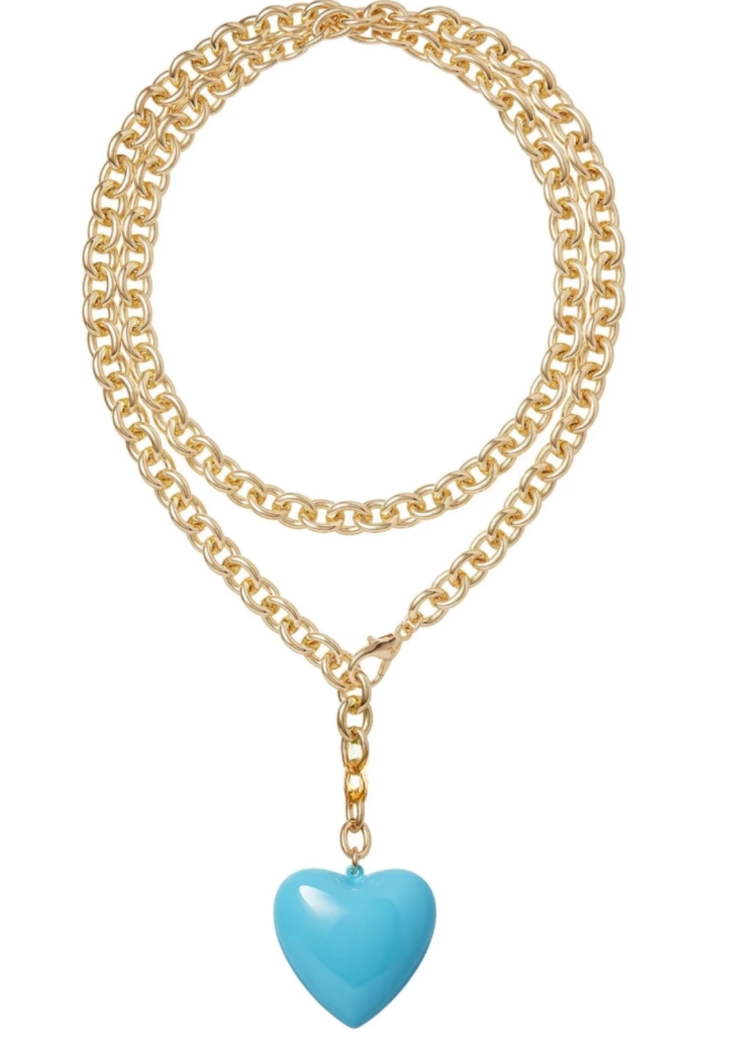 Gold chain necklace with a blue heart shaped pendant on a white background