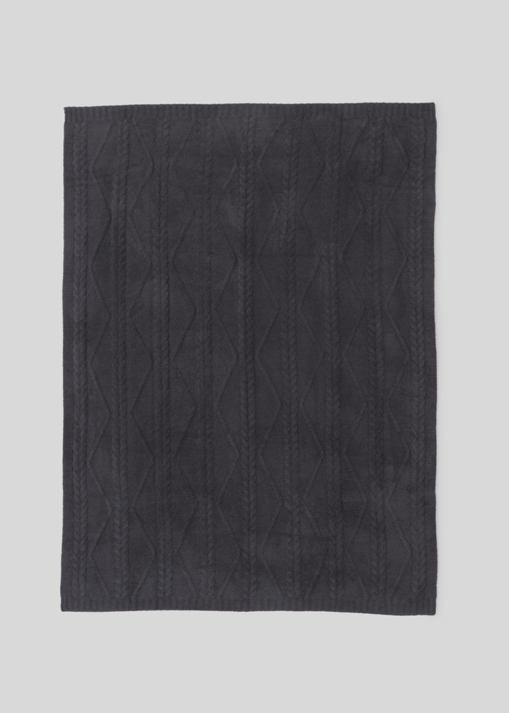 Dark grey blanket with a woven pattern laying on a white background