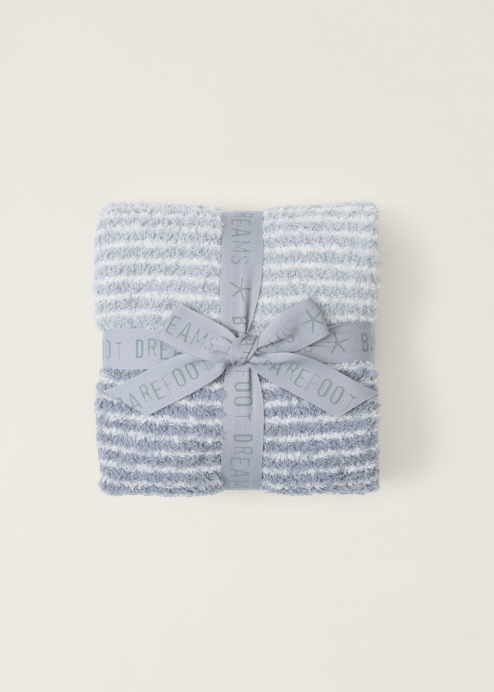 A blue striped blanket folded on a white background