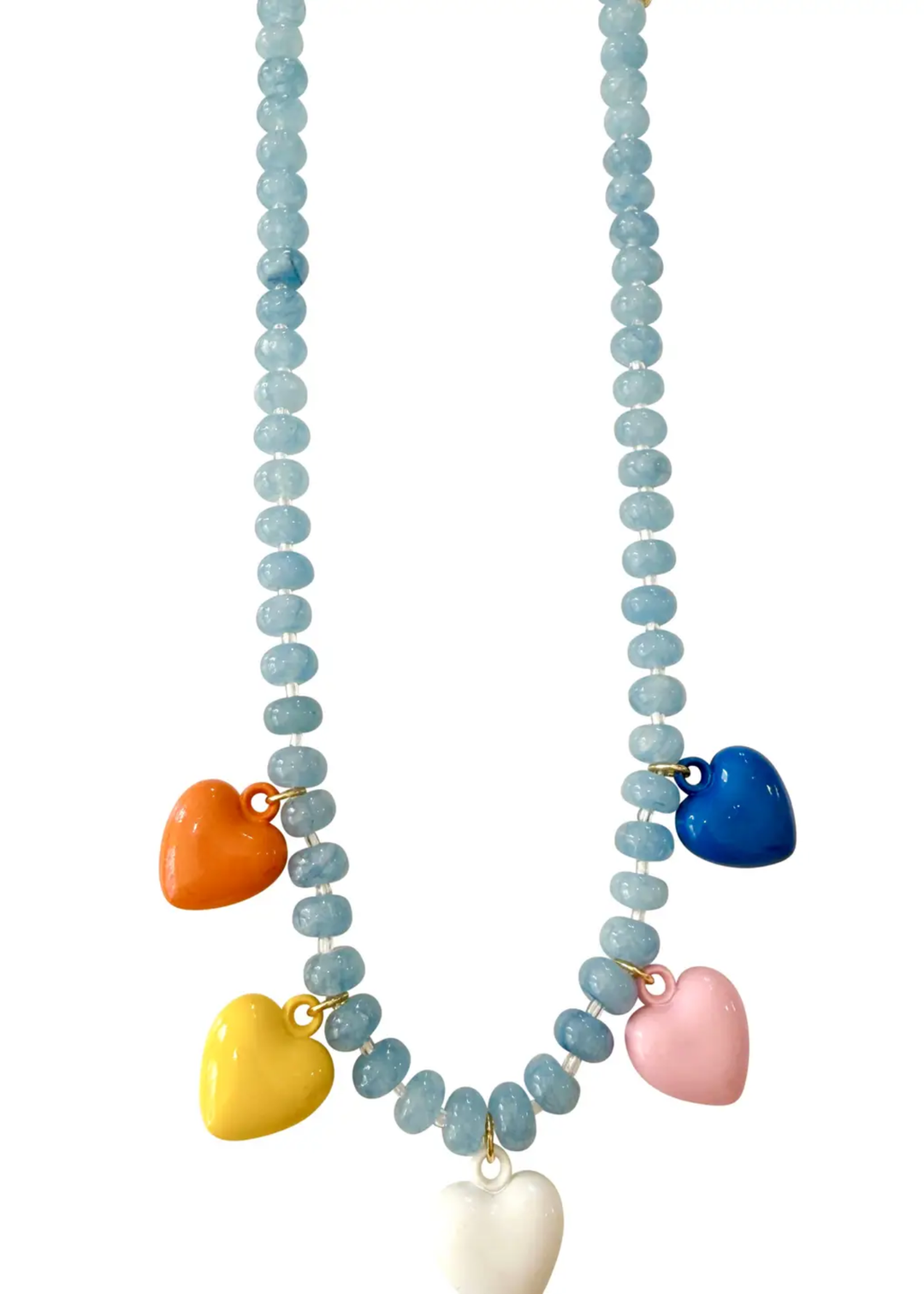 Blue beaded necklace with five colored heart charms on a white background