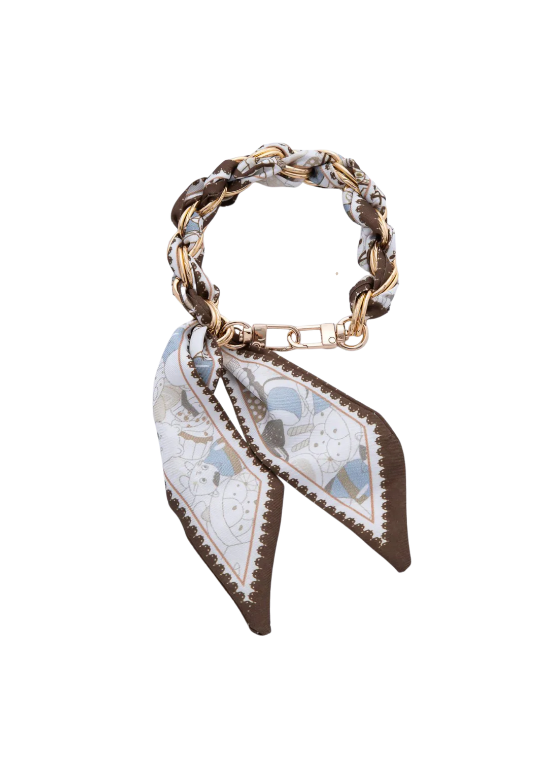 Brown, white, and gold scarf bag charm on a white background