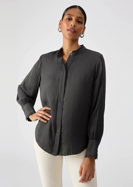 Black button-down top with no collar and delicate ruffle puff sleeves