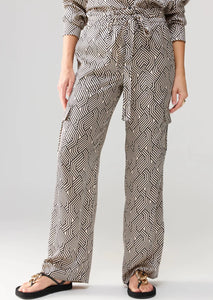 maze patterned charcoal and cream cargo pants with built in belt tie
