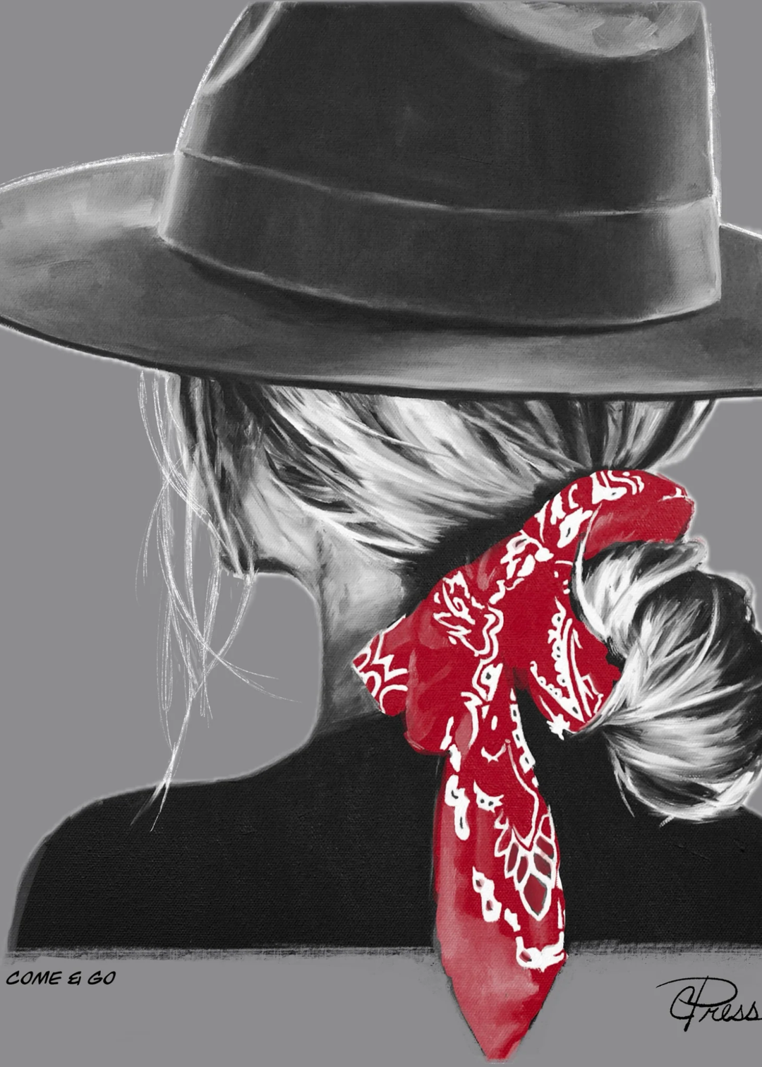 Grey graphic with a woman with a red bandana in her hair