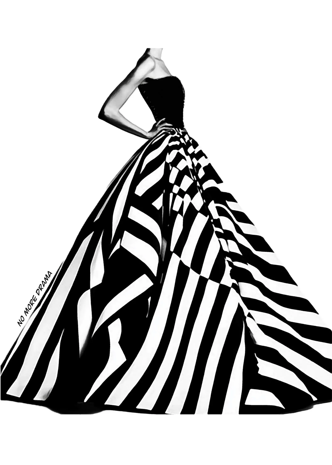 Black and white graphic of a woman wearing a striped dress