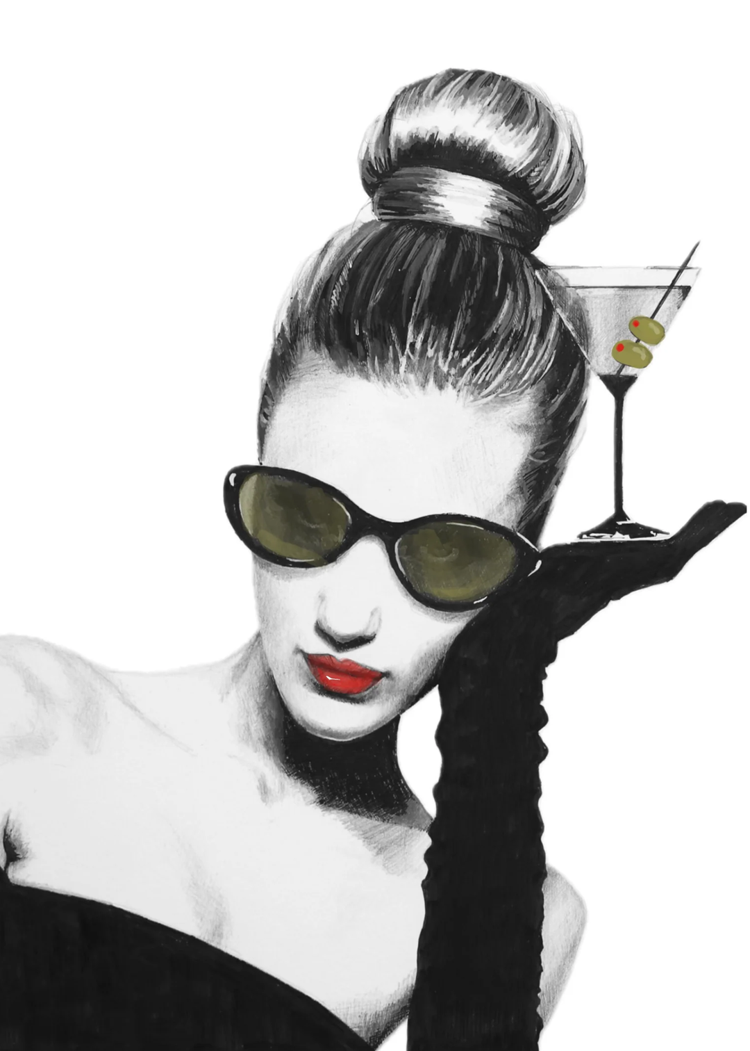 Black and white graphic with pops of red and olive green of a woman holding a martini