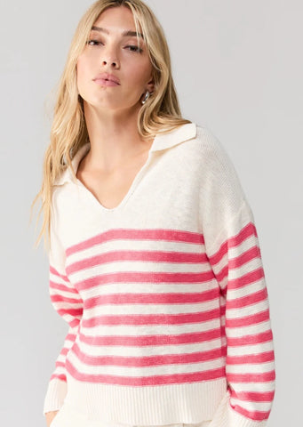 lightweight ivory v neck collared sweater with bright pink horizontal stripes and rubbed cuffs and hem