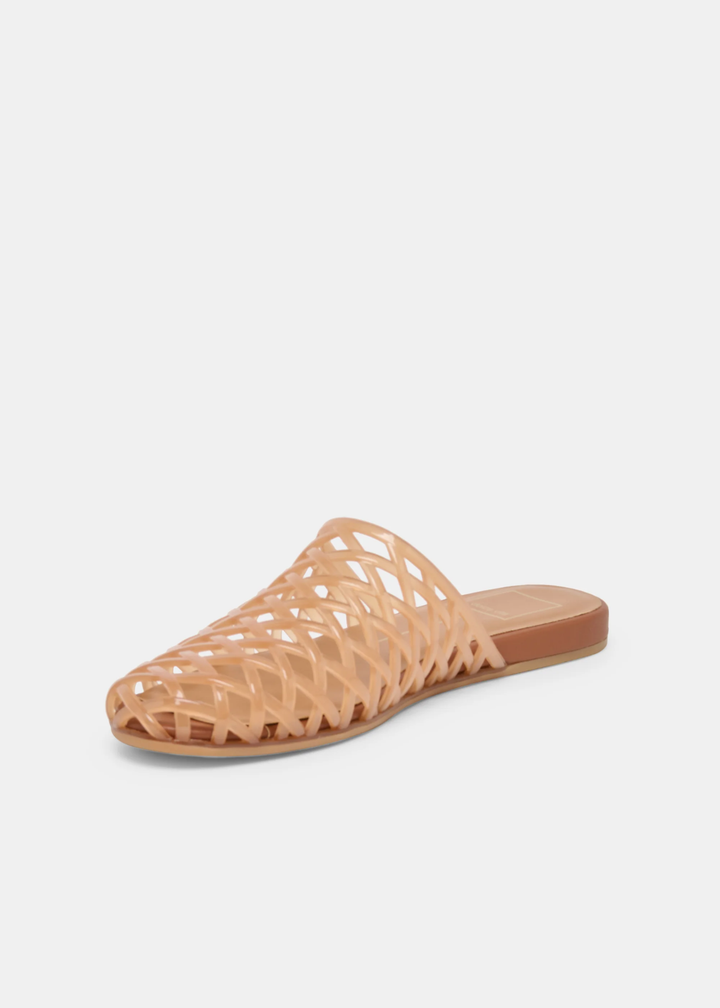 Light brown jelly slip on sandal on a white background
