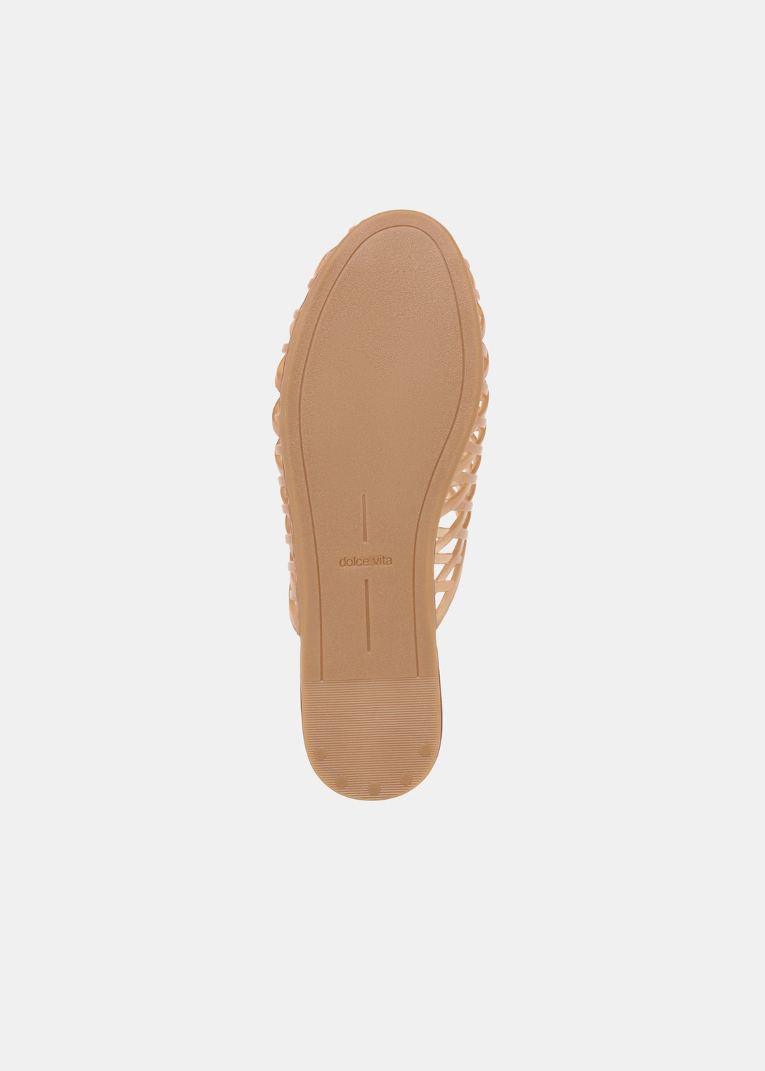 Sole of a light brown jelly slip on sandal on a white background