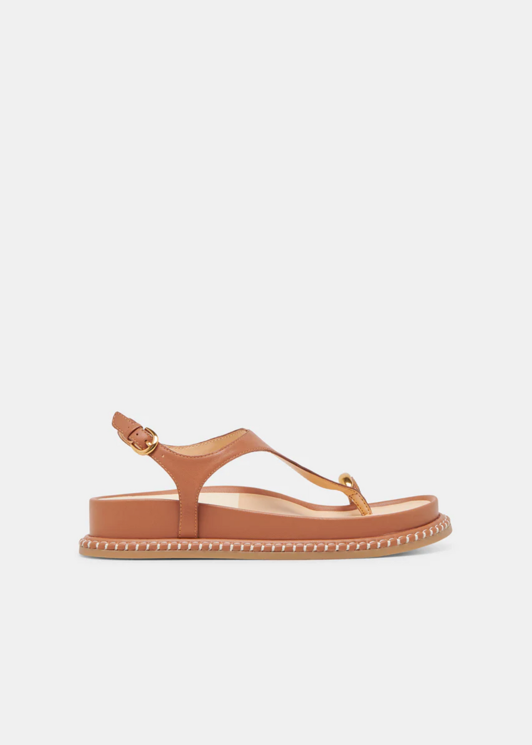 brown thong style sandals with gold toe accent and whipstitch sole