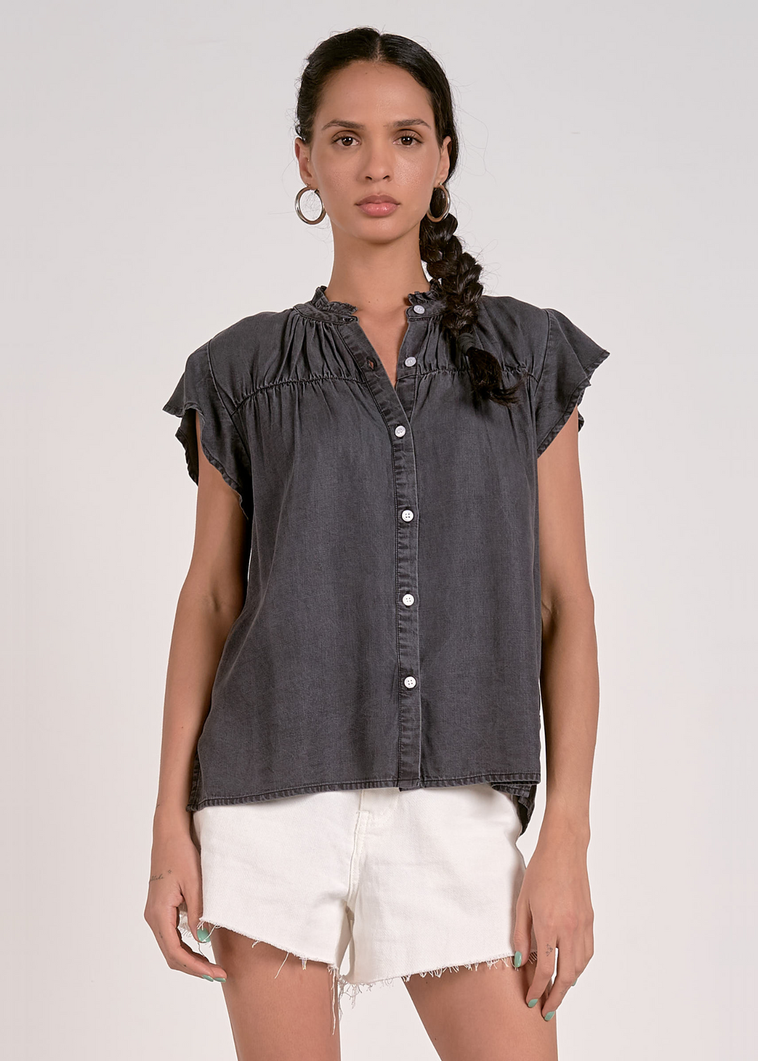 Charcoal Grey ruffle sleeve and collar button down top 