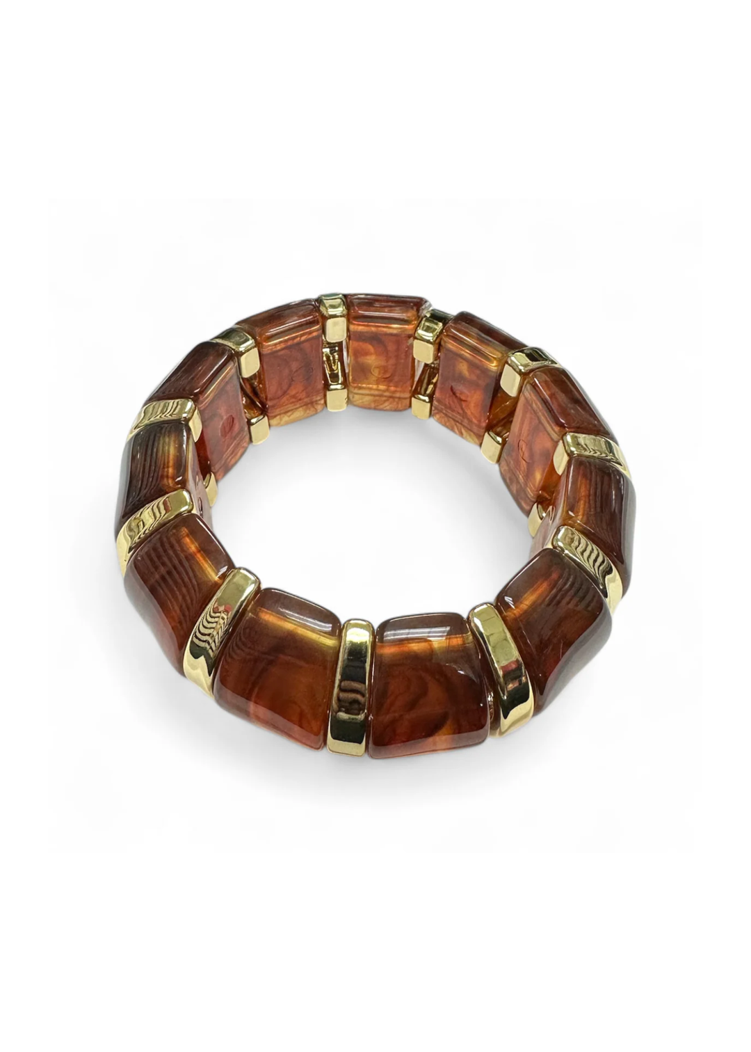 Brown marble and gold beaded stretch bracelet on a white background
