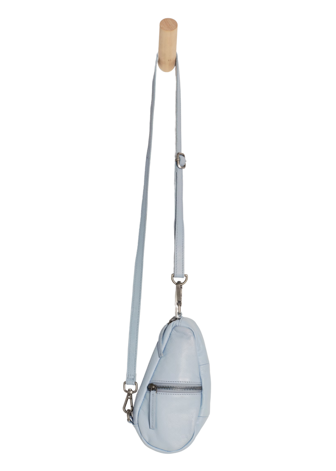 Light blue faux-leather mini crossbody purse with gunmetal hardware accents
