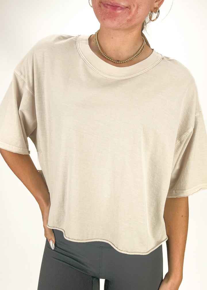 tofu beige short sleeve boxy cropped tee shirt