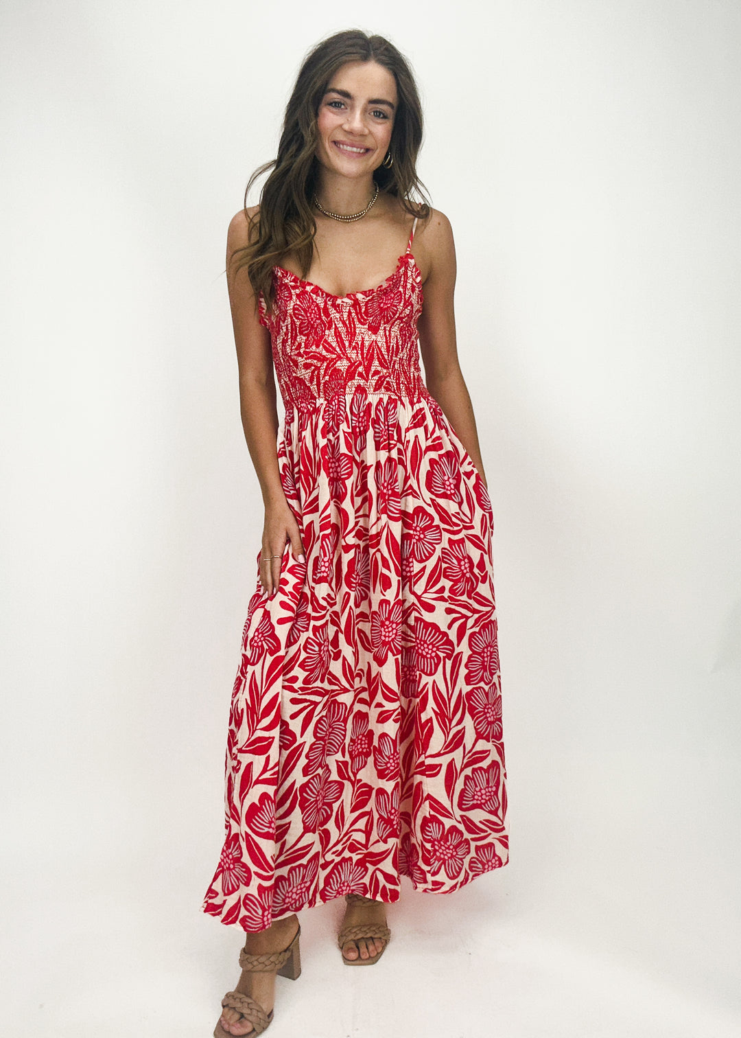 fuchsia and cream floral print midi dress with smocked bodice and spaghetti straps