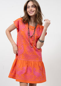 orange mini dress with pink embroidery, ruffle skirt, and mini sleeves