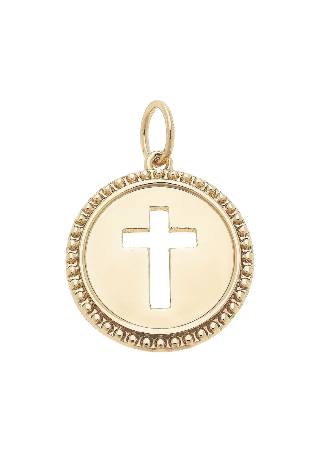 Gold coin charm with an open cross in the center on a white background