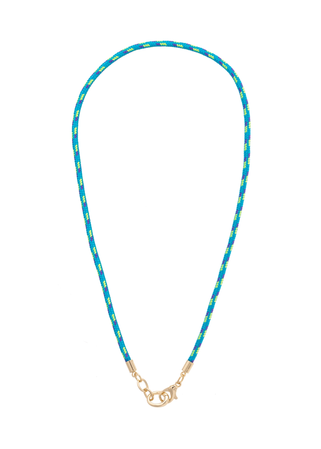 Teal paracord necklace with a gold clasp on a white background