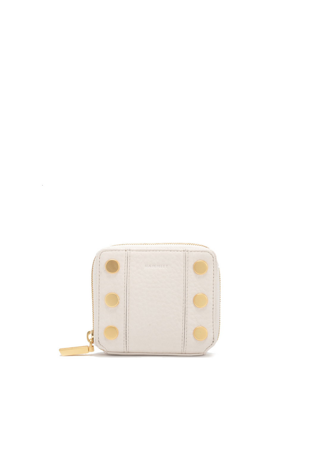 white leather wallet with brushed gold zipper and hardware accents