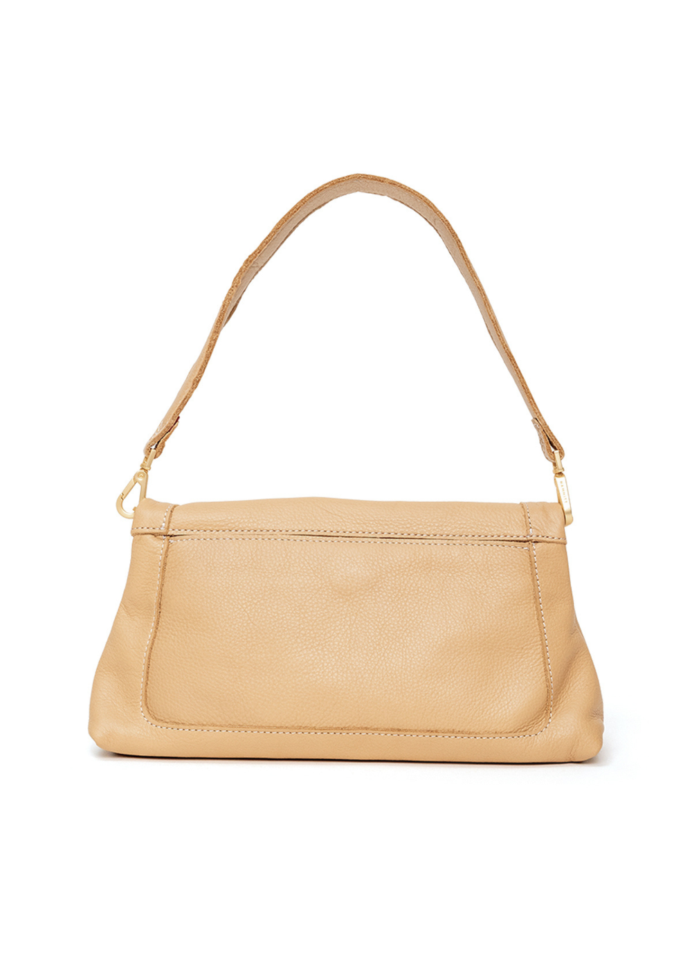 Tan handbag with gold accents against a white background