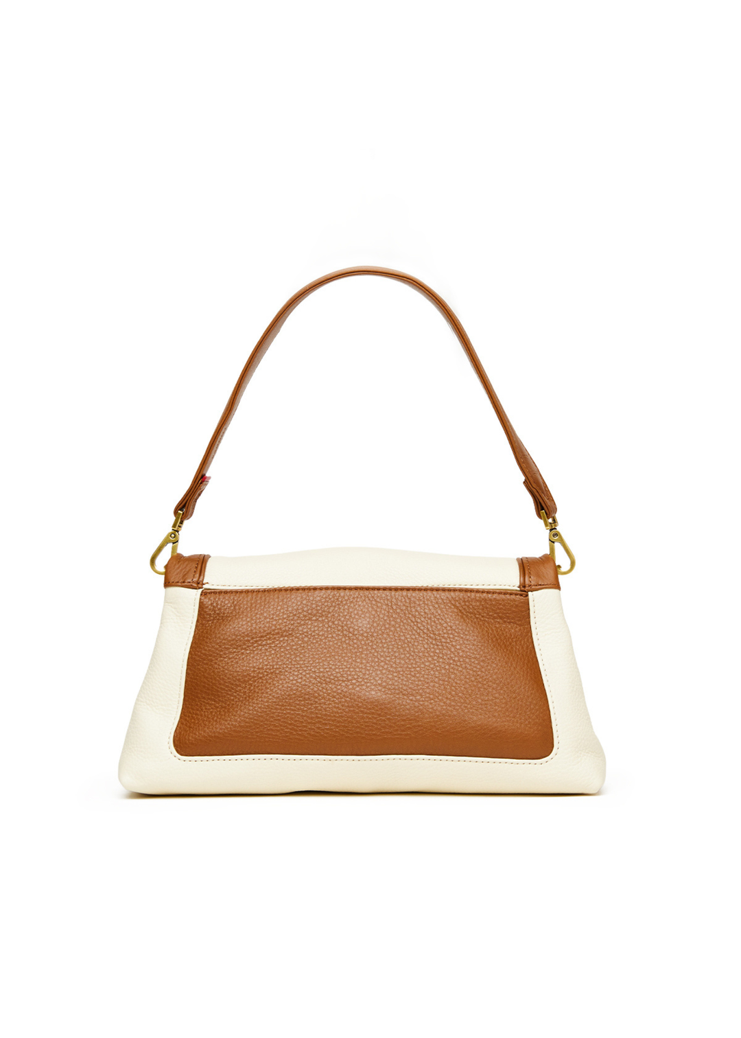 White leather purse with brown trim and gold accents