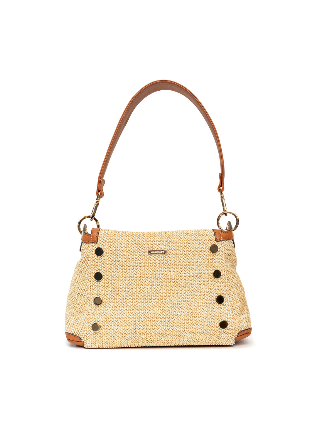 Raffia and brown leather handbag with gold accents