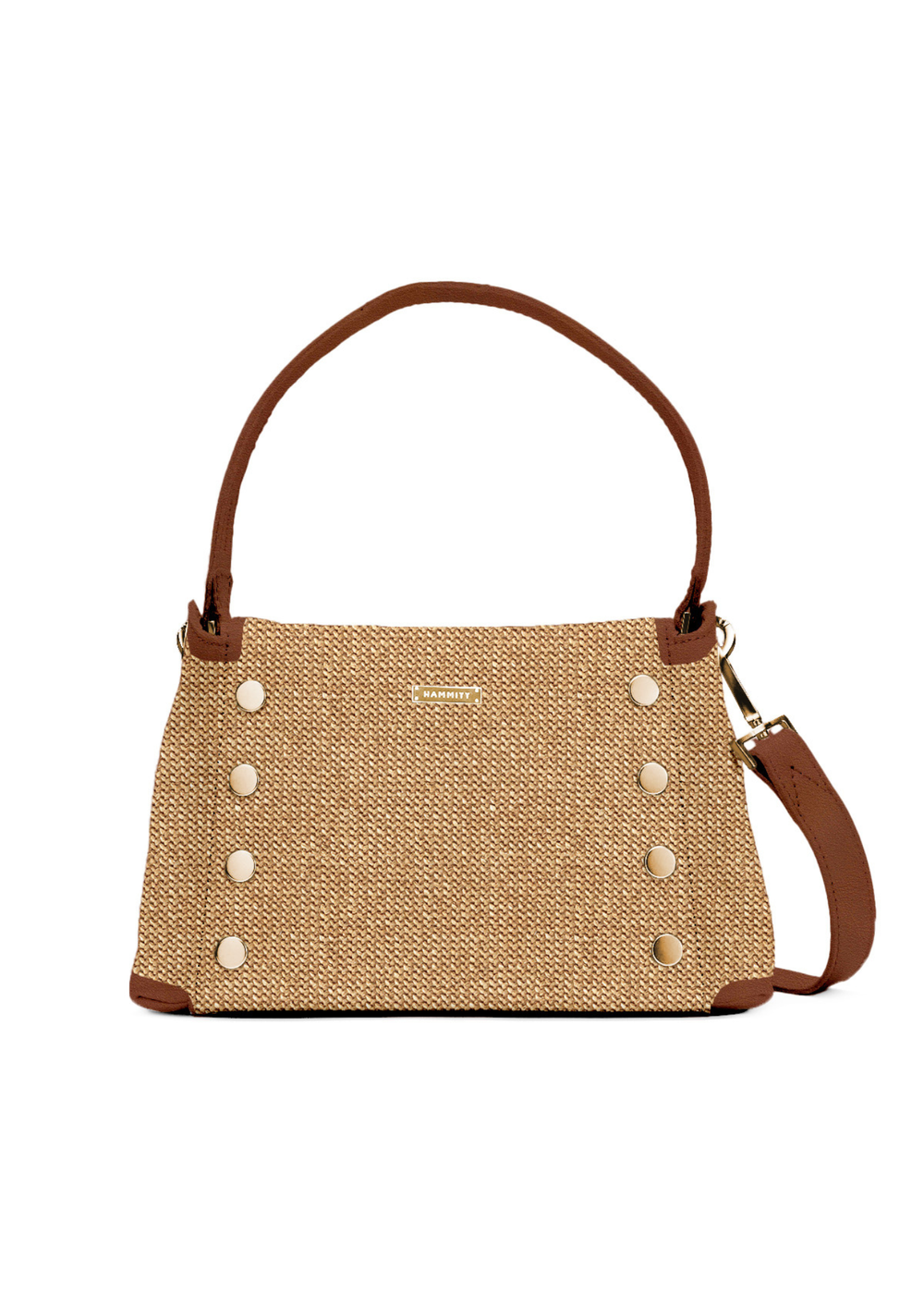 Raffia and brown leather handbag with gold accents