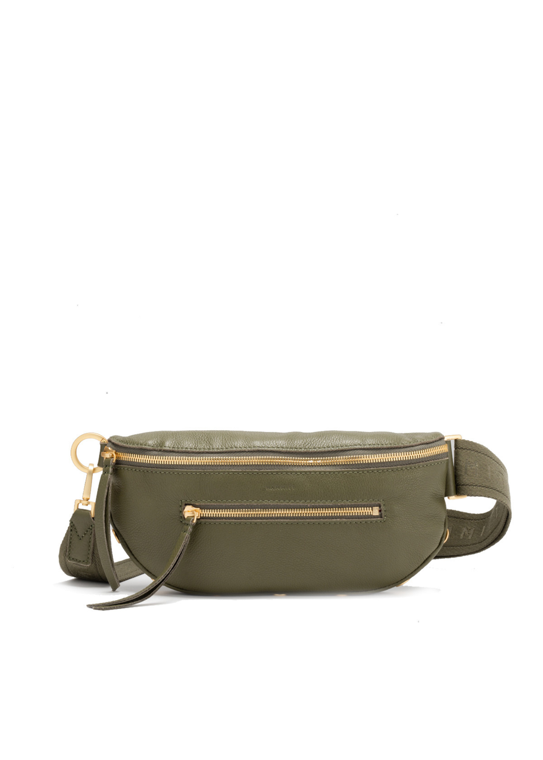 Olive green leather crossbody purse with brushed gold hardware on a white background