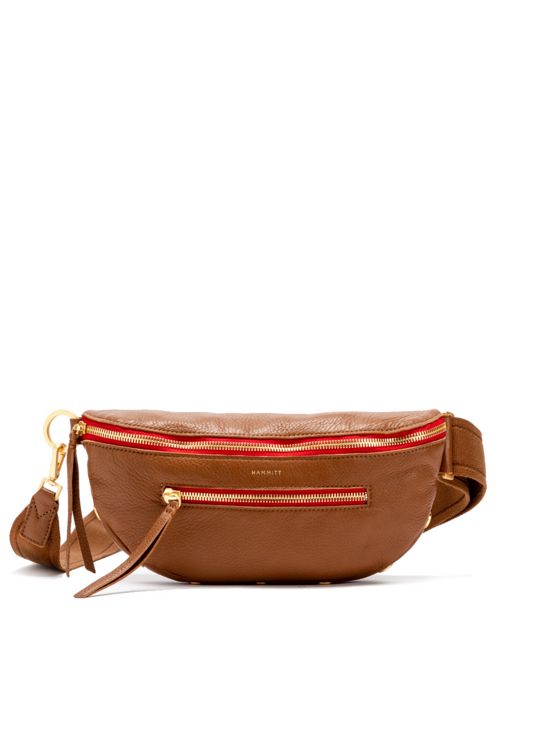 Hammitt brown leather crossbody fanny pack style bag with red and gold zippers