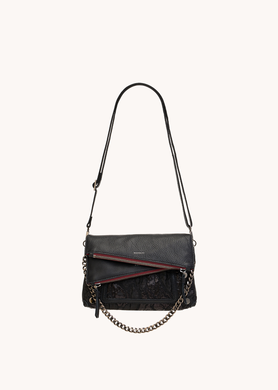 Black handbag with a grey chain on a white background