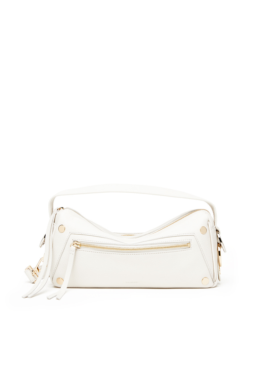White leather purse with gold and silver hardware accents