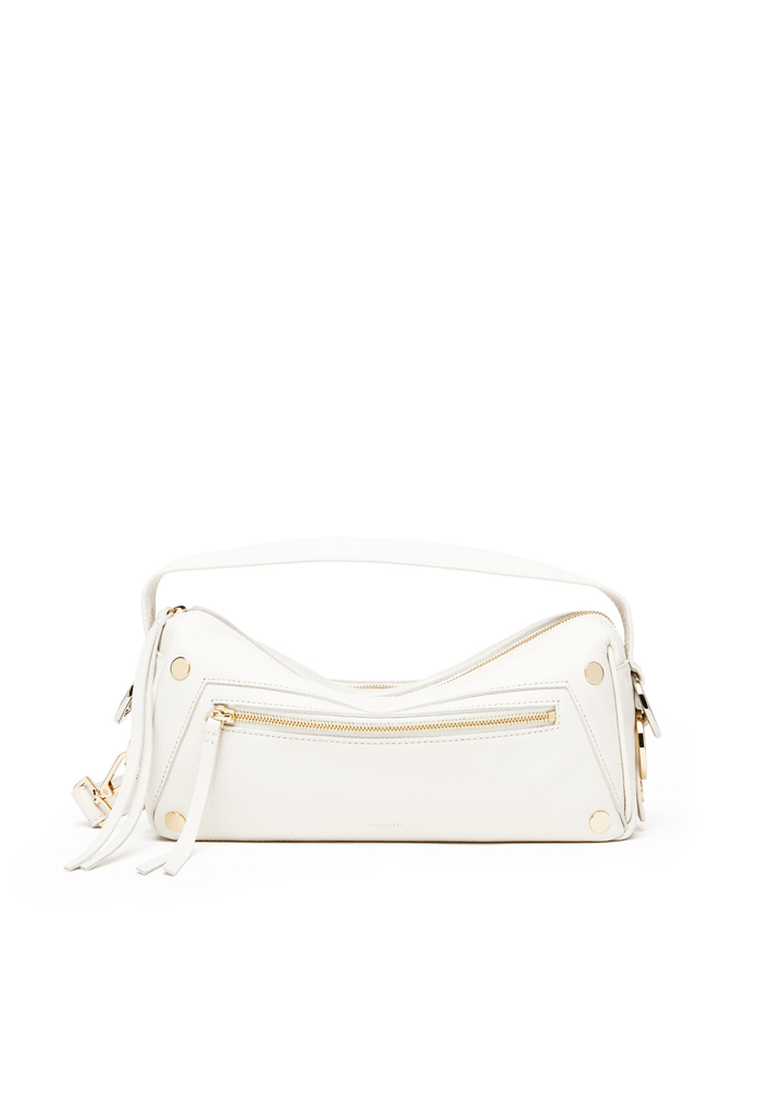 White leather purse with gold and silver hardware accents