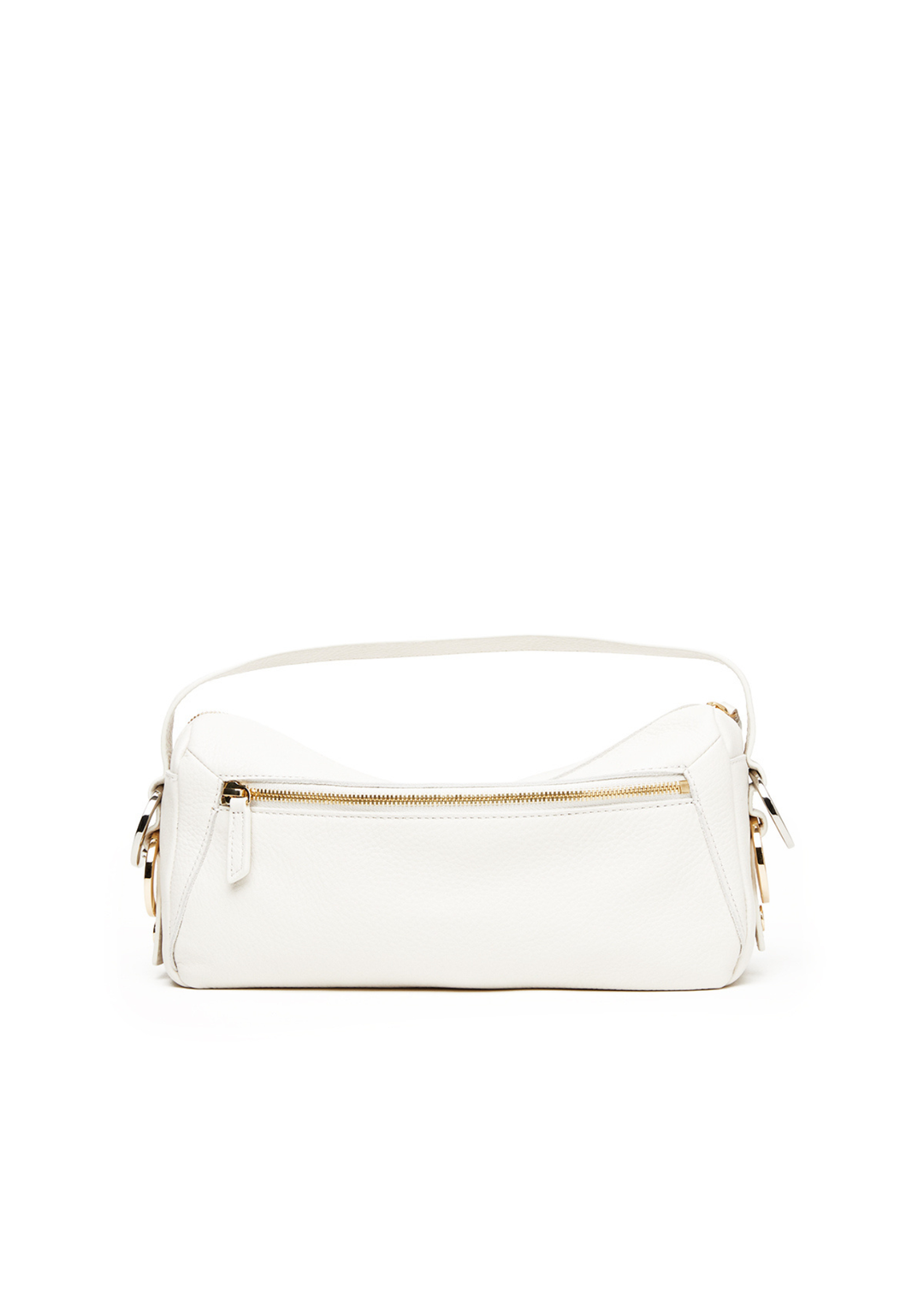 White leather purse with gold and silver hardware accents