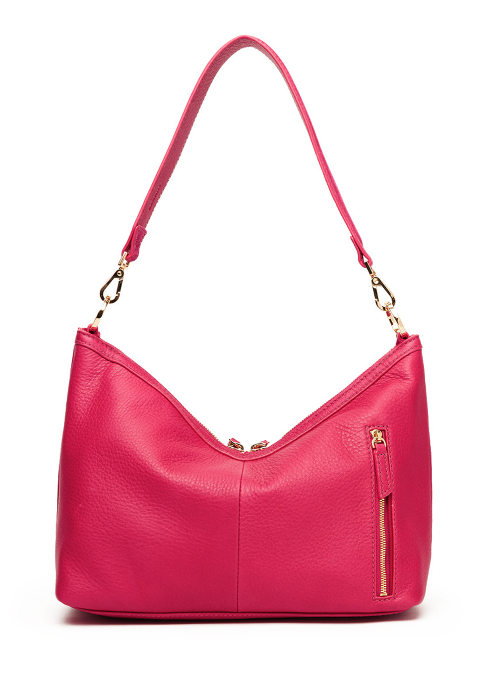 Fuschia suede and leather handbag with gold accents against a white background