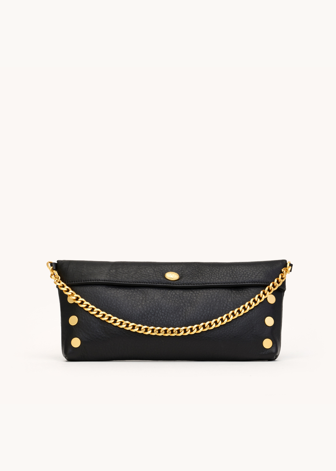 Black leather clutch with a gold chain on a white background