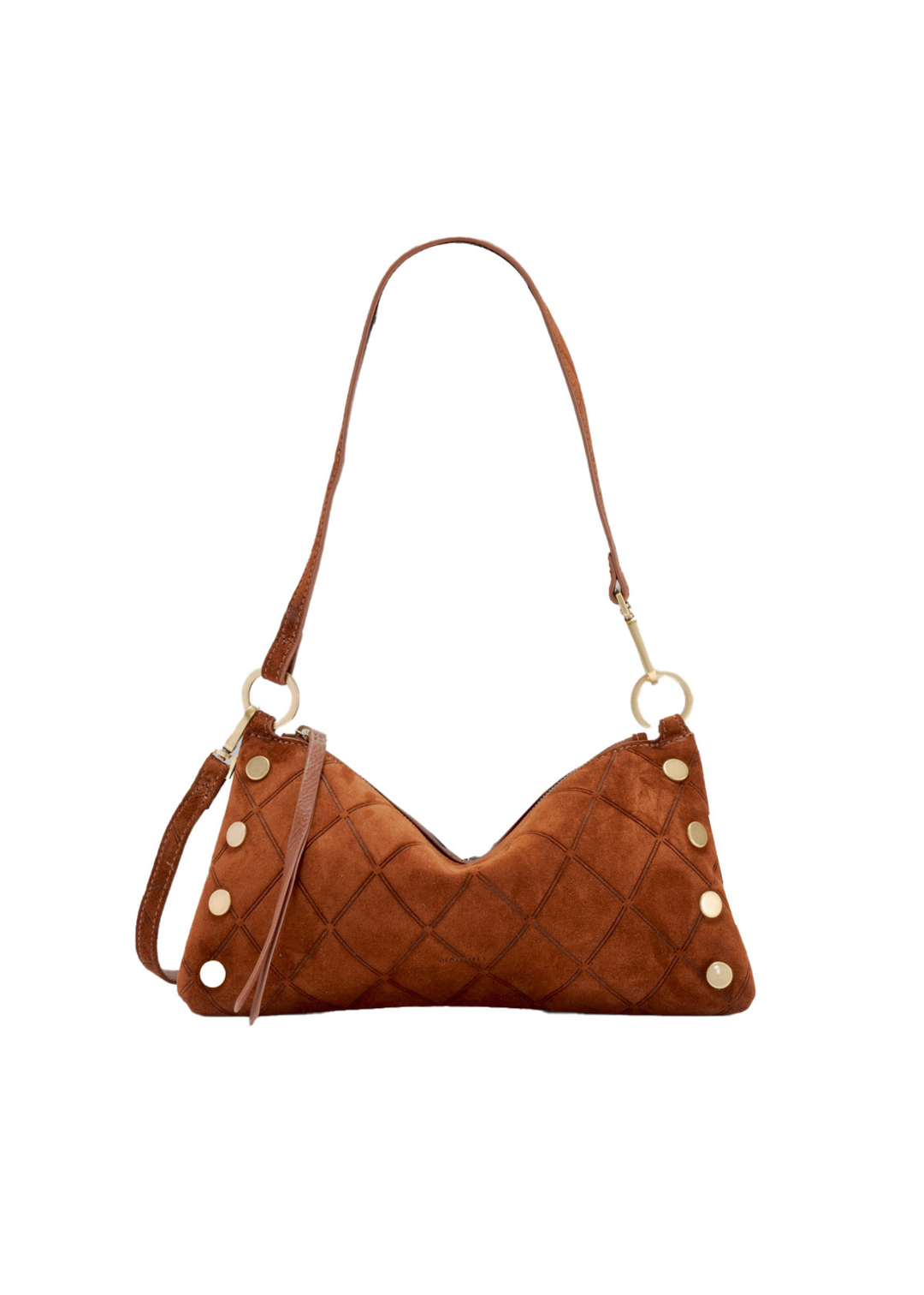 Brown suede purse with gold accents on a white background